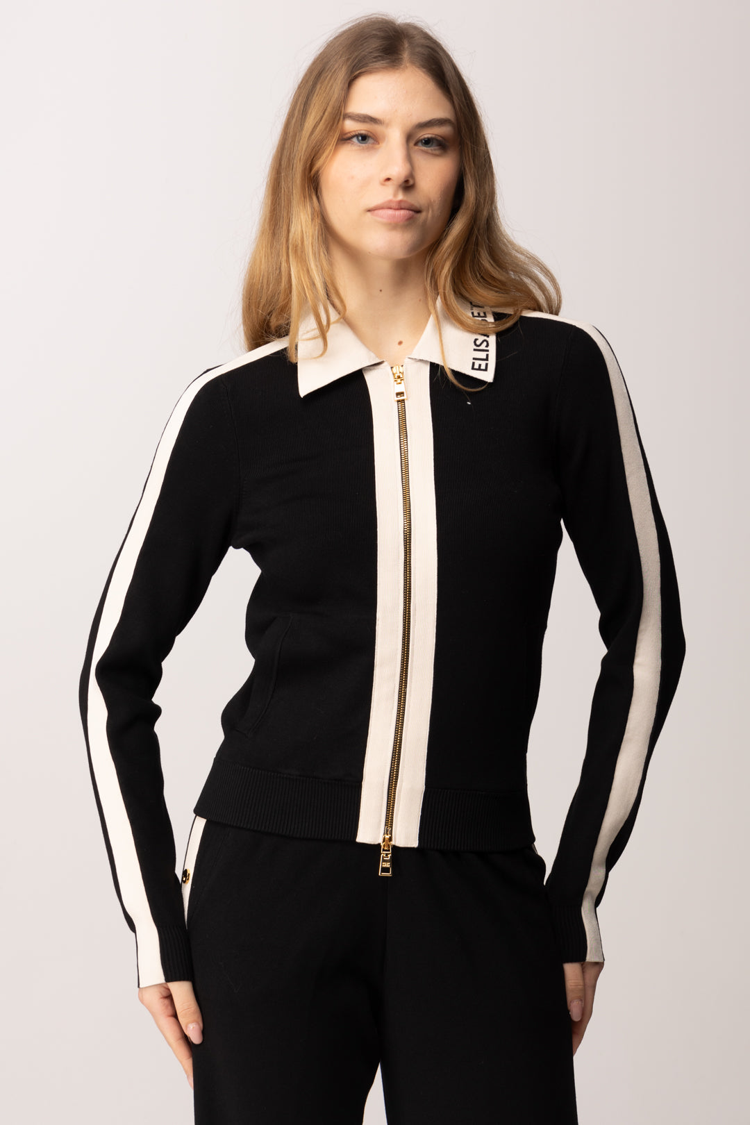 Elisabetta Franchi Cardigan Full Zip con Bande In Viscosa Lucida MK66S61E2 NERO/BURRO
