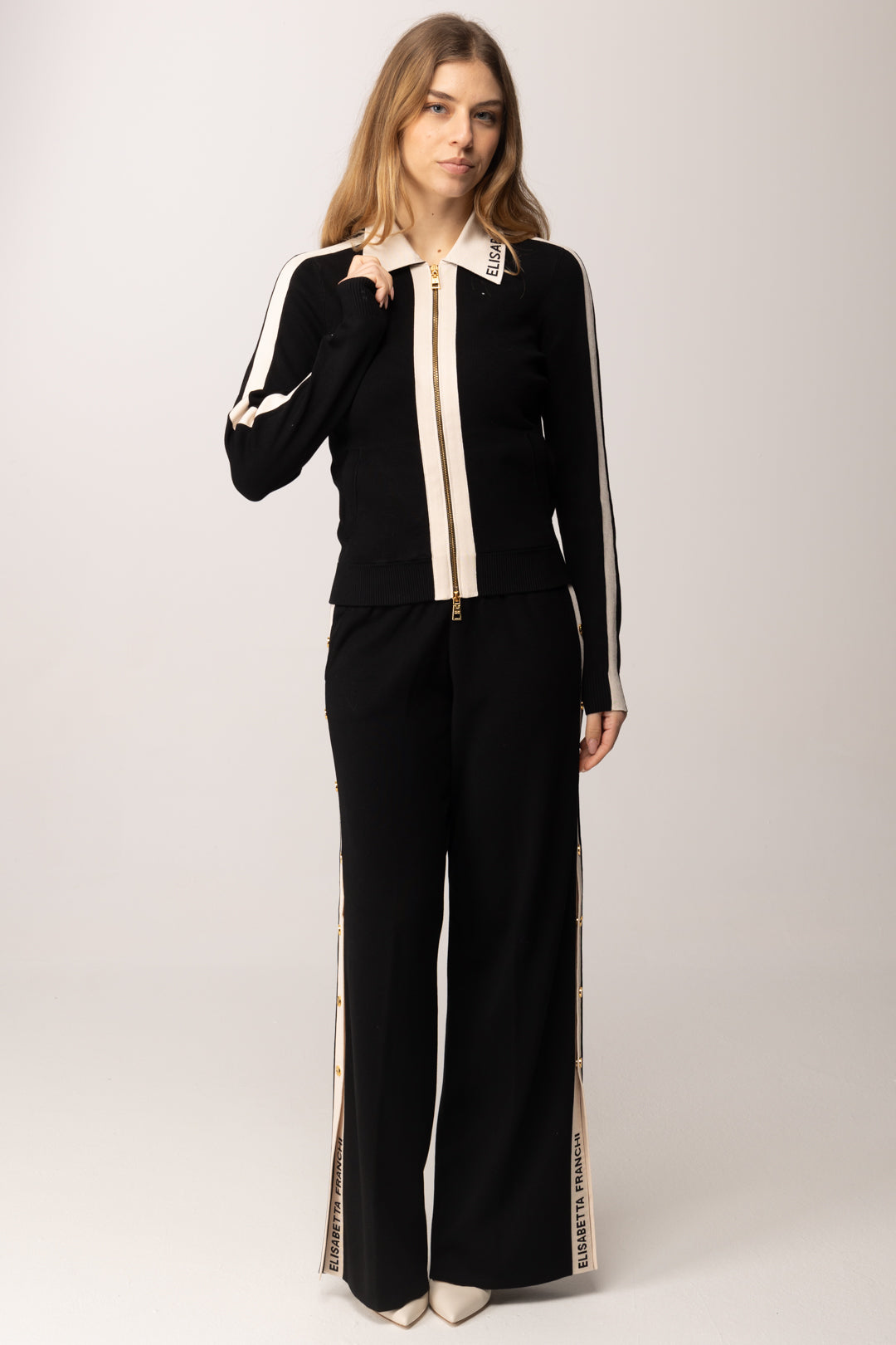 Elisabetta Franchi Cardigan Full Zip con Bande In Viscosa Lucida MK66S61E2 NERO/BURRO