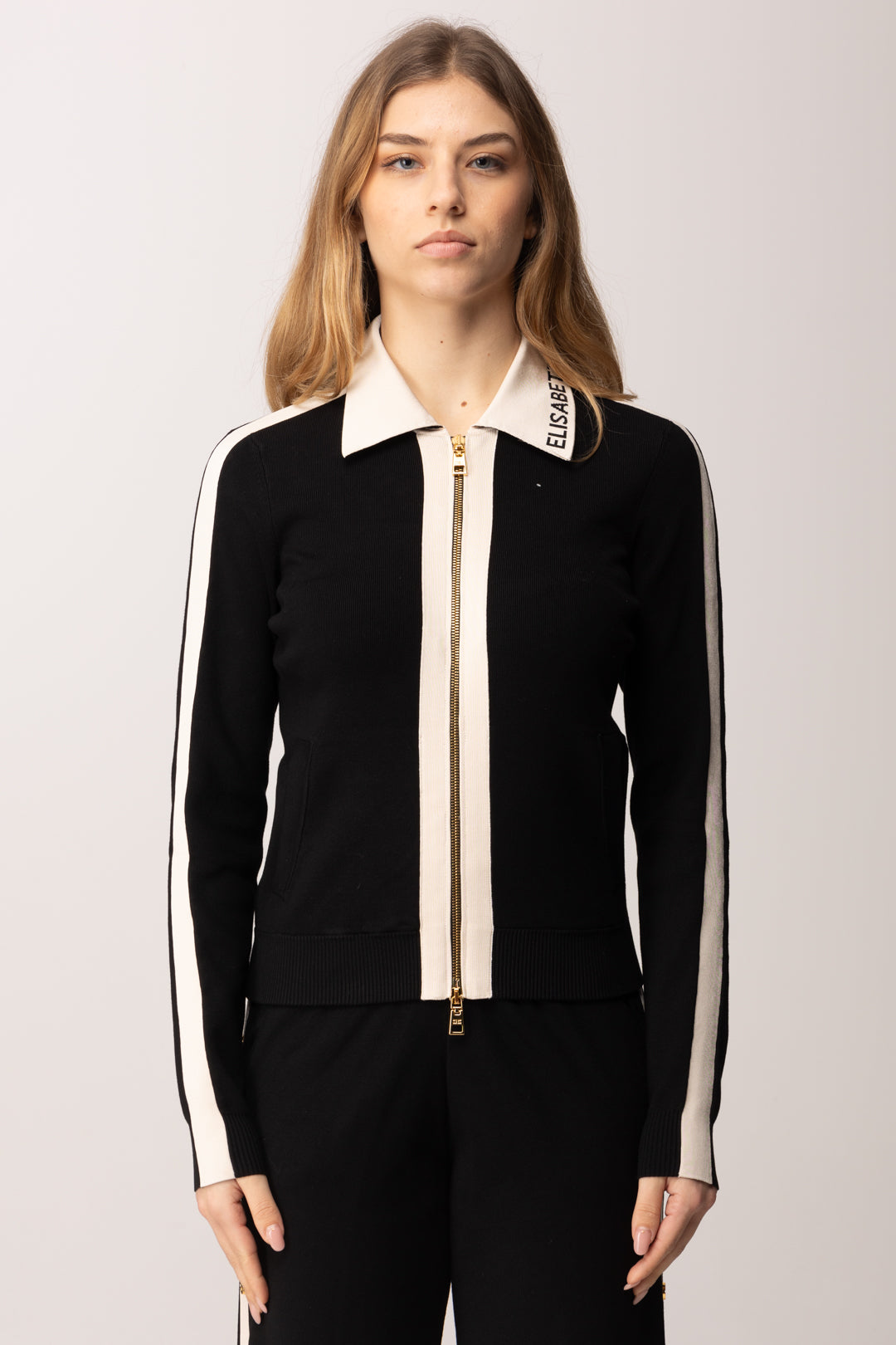 Elisabetta Franchi Cardigan Full Zip con Bande In Viscosa Lucida MK66S61E2 NERO/BURRO