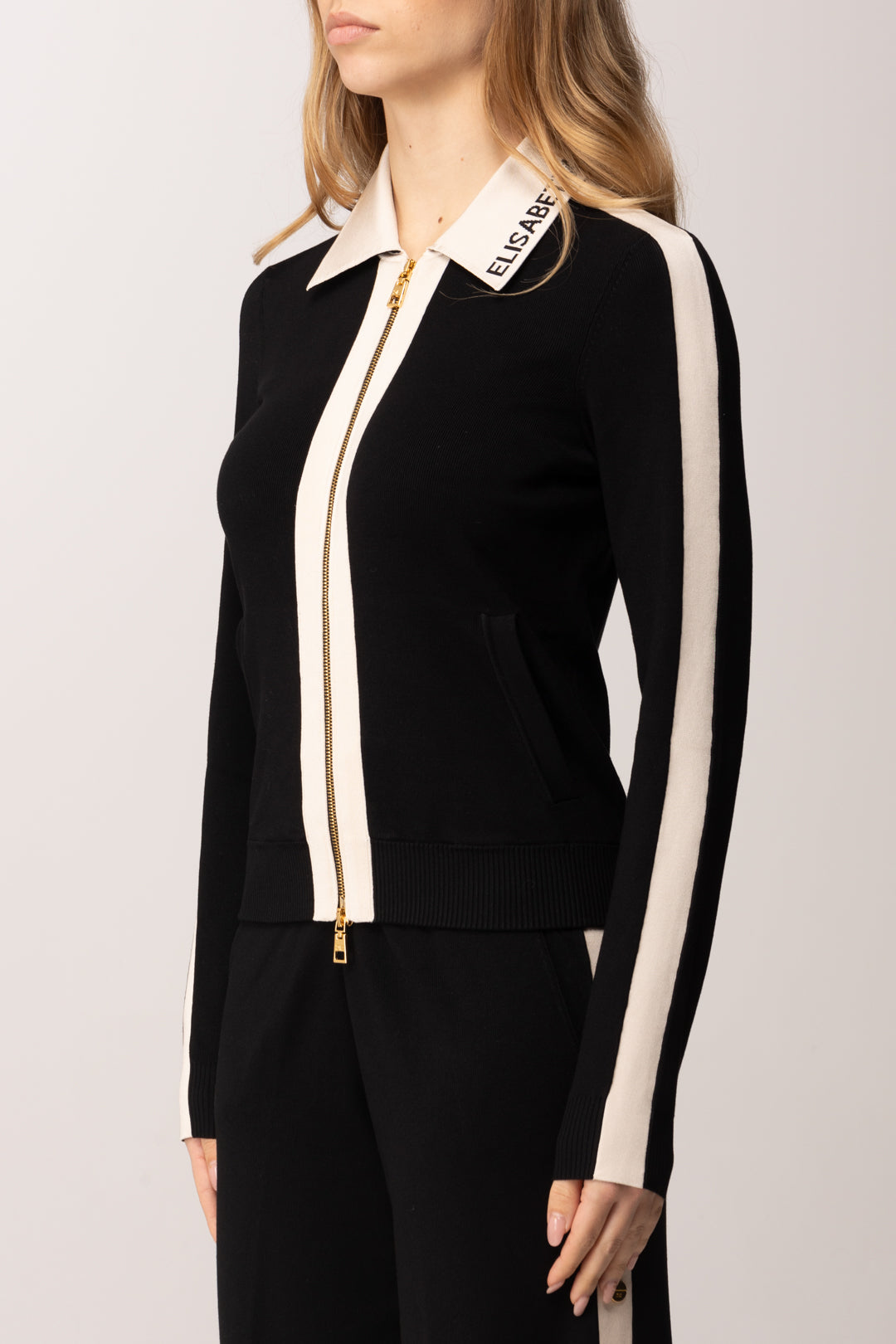Elisabetta Franchi Cardigan Full Zip con Bande In Viscosa Lucida MK66S61E2 NERO/BURRO