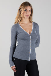 Elisabetta Franchi Cardigan In Lana a Costine con Logo a Contrasto MK16B66E2 GRIGIO MELANGE/AVORI