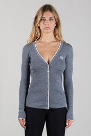 Elisabetta Franchi Cardigan In Lana a Costine con Logo a Contrasto MK16B66E2 GRIGIO MELANGE/AVORI