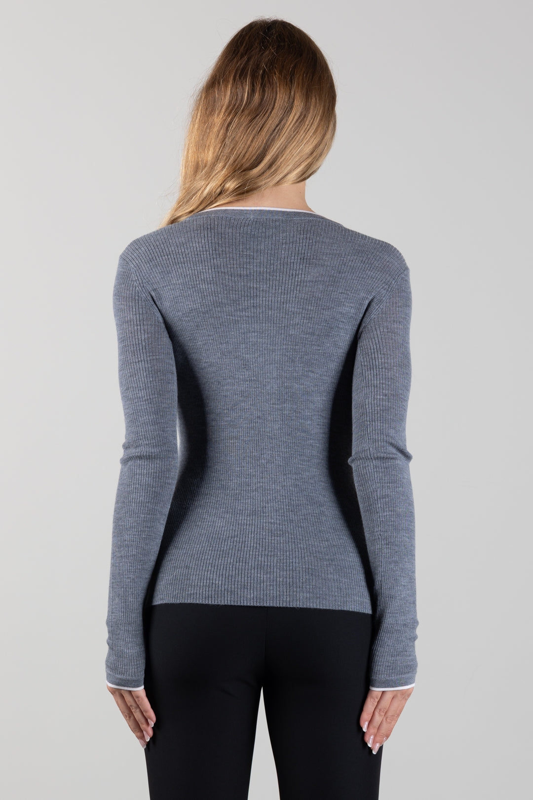 Elisabetta Franchi Cardigan In Lana a Costine con Logo a Contrasto MK16B66E2 GRIGIO MELANGE/AVORI