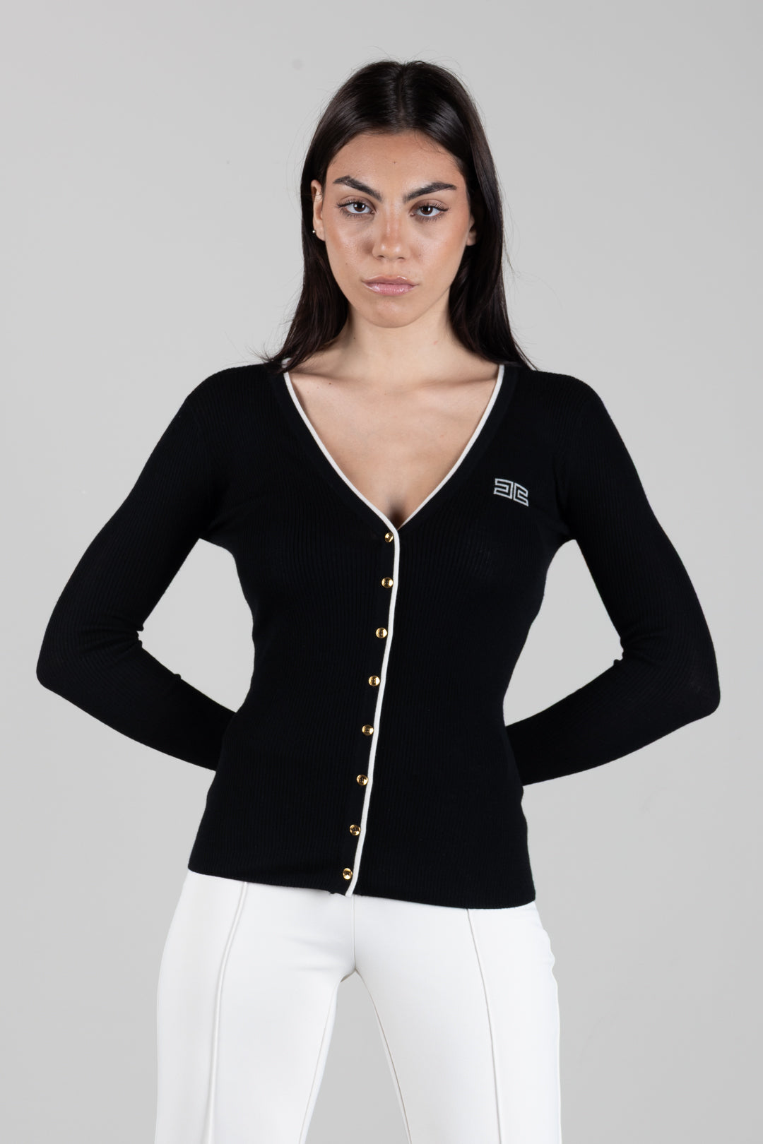 Elisabetta Franchi Cardigan In Lana a Costine con Logo a Contrasto MK16B66E2 NERO/BURRO