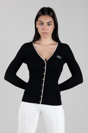 Elisabetta Franchi Cardigan In Lana a Costine con Logo a Contrasto MK16B66E2 NERO/BURRO