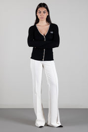 Elisabetta Franchi Cardigan In Lana a Costine con Logo a Contrasto MK16B66E2 NERO/BURRO