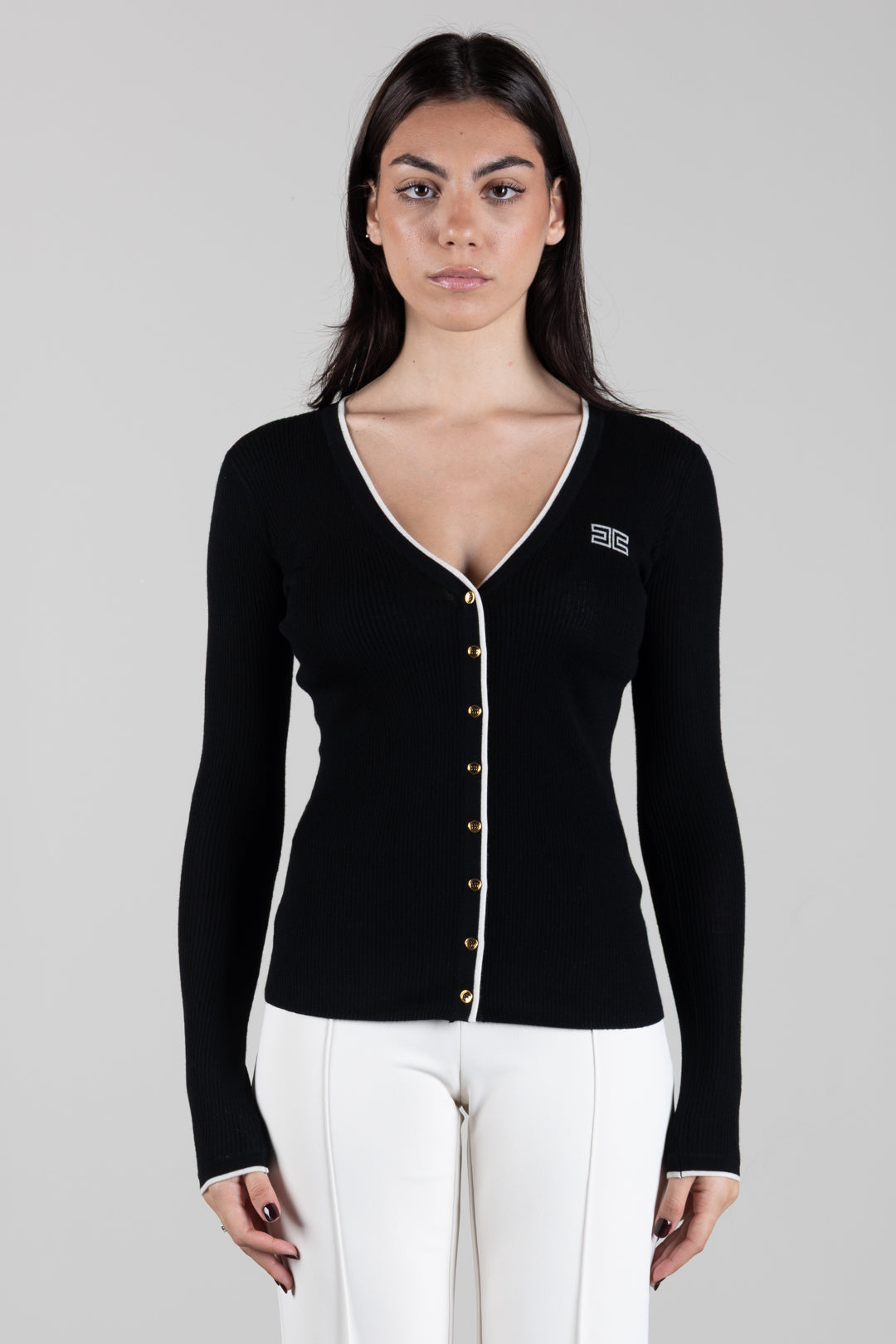 Elisabetta Franchi Cardigan In Lana a Costine con Logo a Contrasto MK16B66E2 NERO/BURRO