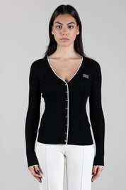 Elisabetta Franchi Cardigan In Lana a Costine con Logo a Contrasto MK16B66E2 NERO/BURRO