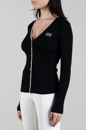 Elisabetta Franchi Cardigan In Lana a Costine con Logo a Contrasto MK16B66E2 NERO/BURRO