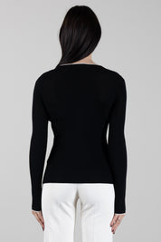 Elisabetta Franchi Cardigan In Lana a Costine con Logo a Contrasto MK16B66E2 NERO/BURRO
