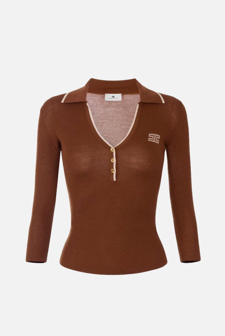 Elisabetta Franchi Cardigan In Lana a Costine con Logo a Contrasto MK16B66E2 SIGARO/NUDE