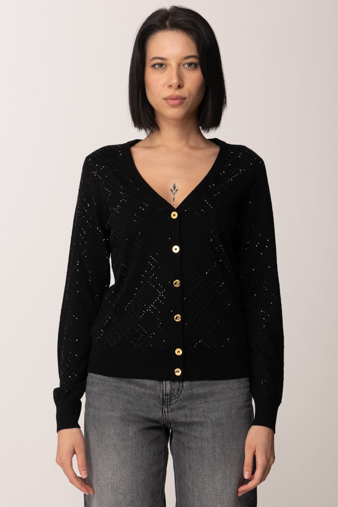 Elisabetta Franchi Cardigan In Lana con Cristalli MK26B56E2 NERO/NERO