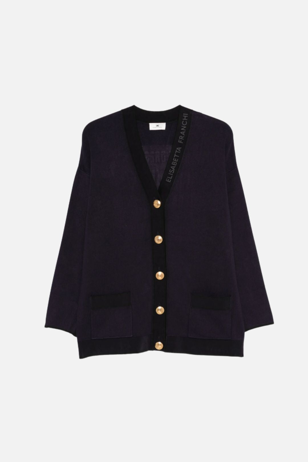 Elisabetta Franchi Cardigan In Maglia con Logo e Lettering MK13S66E2 BLU NOTTE/NERO