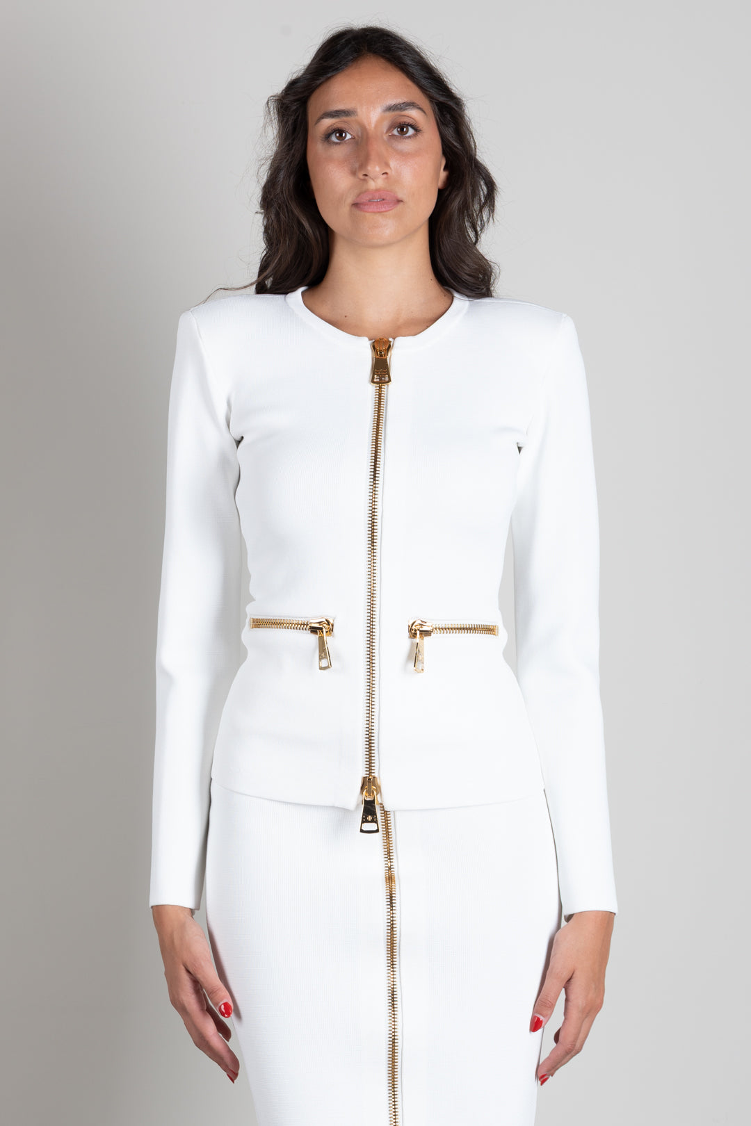 Elisabetta Franchi Cardigan In Maglia con Zip Dorate MK68B66E2 AVORIO