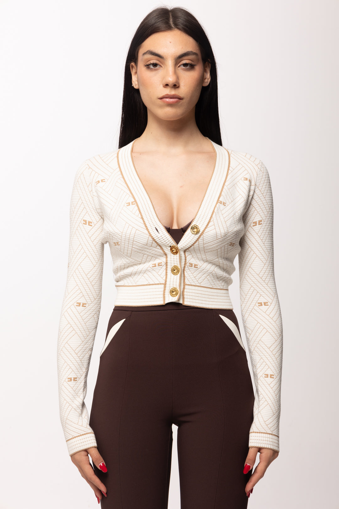 Elisabetta Franchi Cardigan In Maglia Jacquard a Rombi MK28Q61E2 AVORIO/DAINO