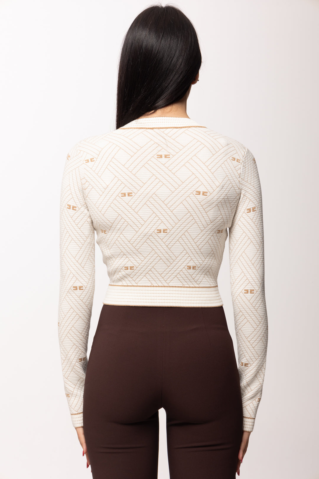 Elisabetta Franchi Cardigan In Maglia Jacquard a Rombi MK28Q61E2 AVORIO/DAINO