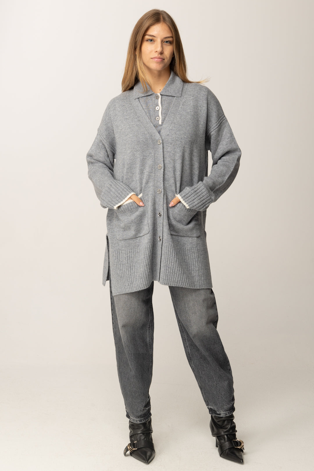 Pinko Cardigan Lungo con Scollo a V GRIGIO-MONUMENTO GR.