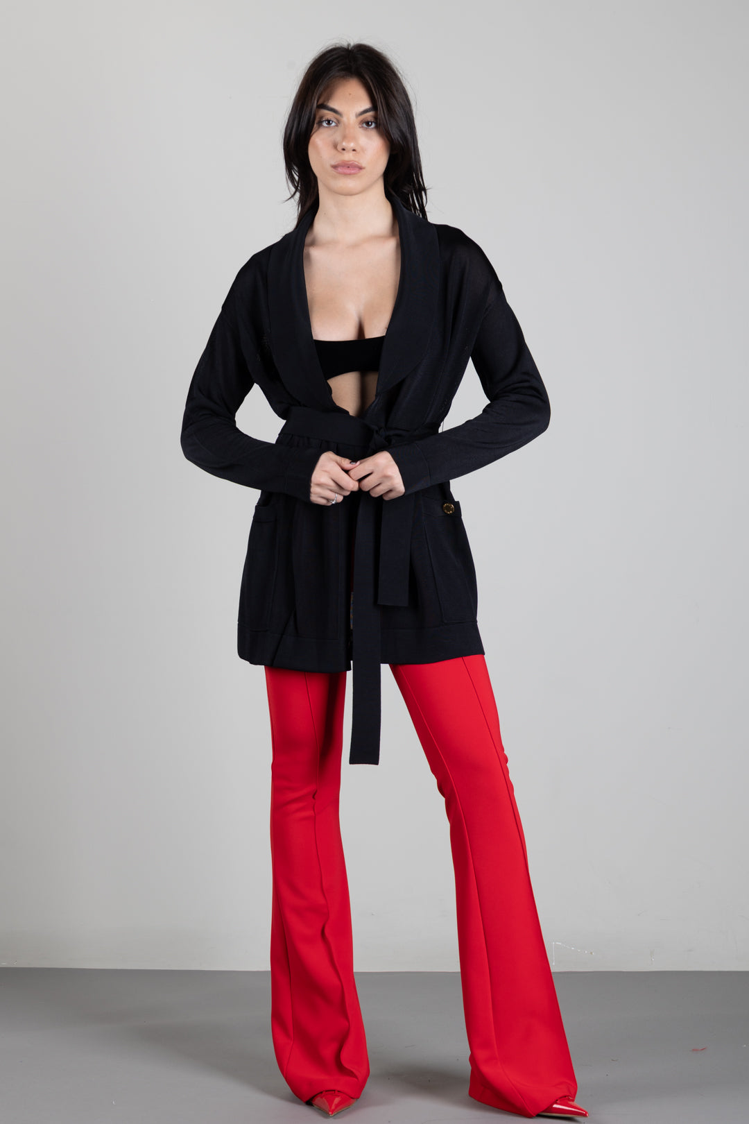 Elisabetta Franchi Cardigan Lungo In Filato Di Viscosa con Cintura MK21S66E2 NERO