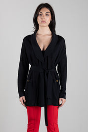 Elisabetta Franchi Cardigan Lungo In Filato Di Viscosa con Cintura MK21S66E2 NERO