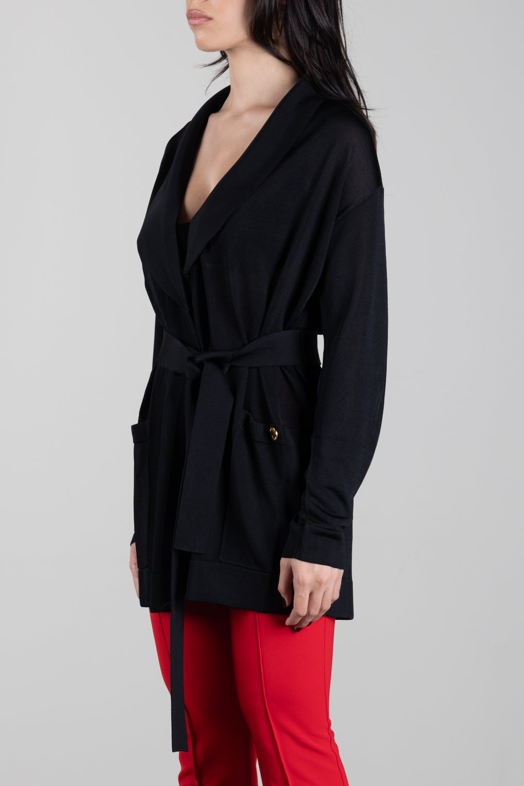 Elisabetta Franchi Cardigan Lungo In Filato Di Viscosa con Cintura MK21S66E2 NERO