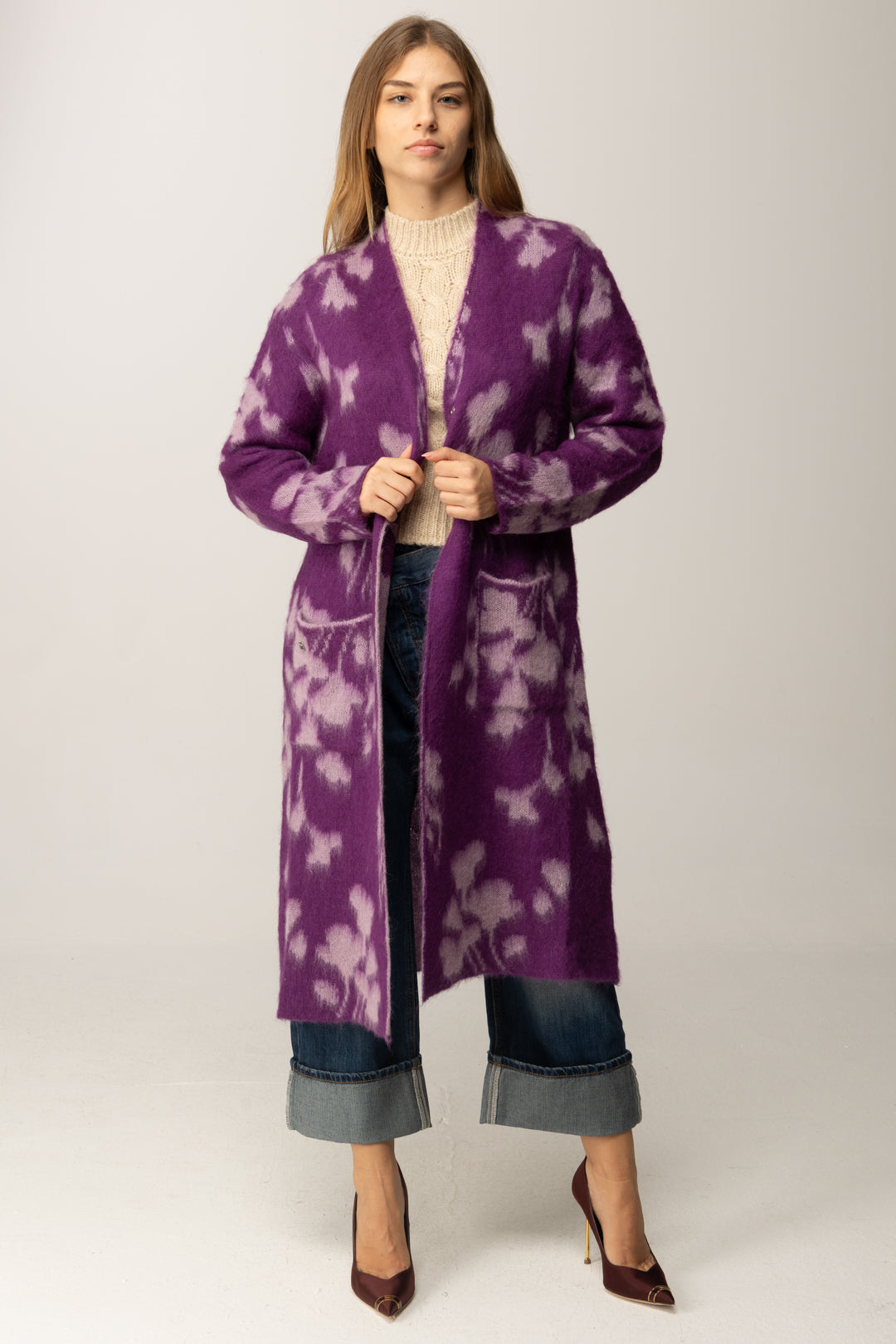 Manila Grace Cardigan Lungo In Jacquard M444WJ CICLAMINO