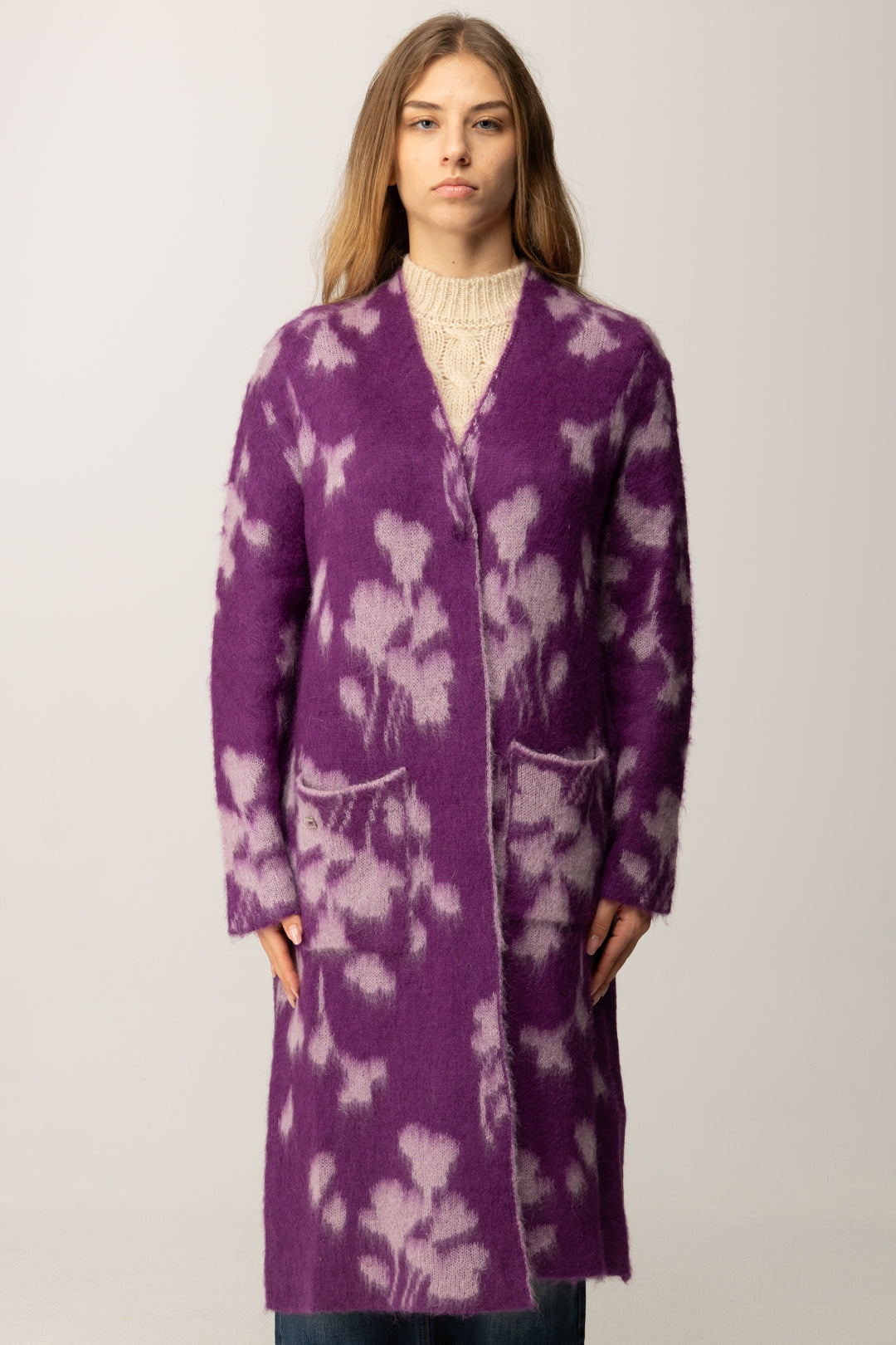 Manila Grace Cardigan Lungo In Jacquard M444WJ CICLAMINO