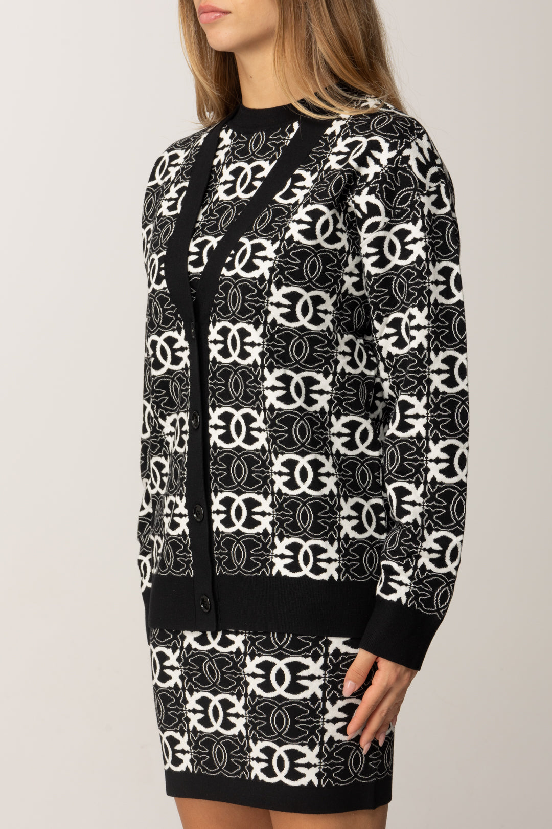 Pinko Cardigan Lungo Jacquard con Logo Love Birds NERO/BIANCO