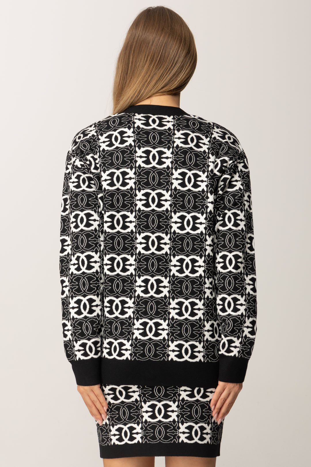 Pinko Cardigan Lungo Jacquard con Logo Love Birds NERO/BIANCO