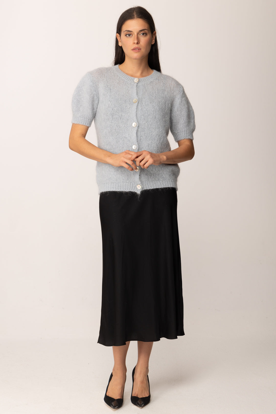 Khloe Femme Cardigan Maniche Corte In Misto Mohair CELESTE