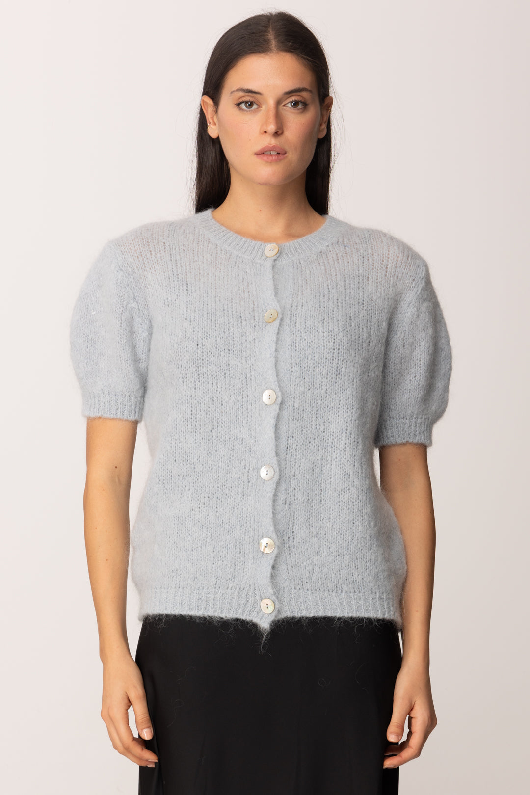 Khloe Femme Cardigan Maniche Corte In Misto Mohair CELESTE