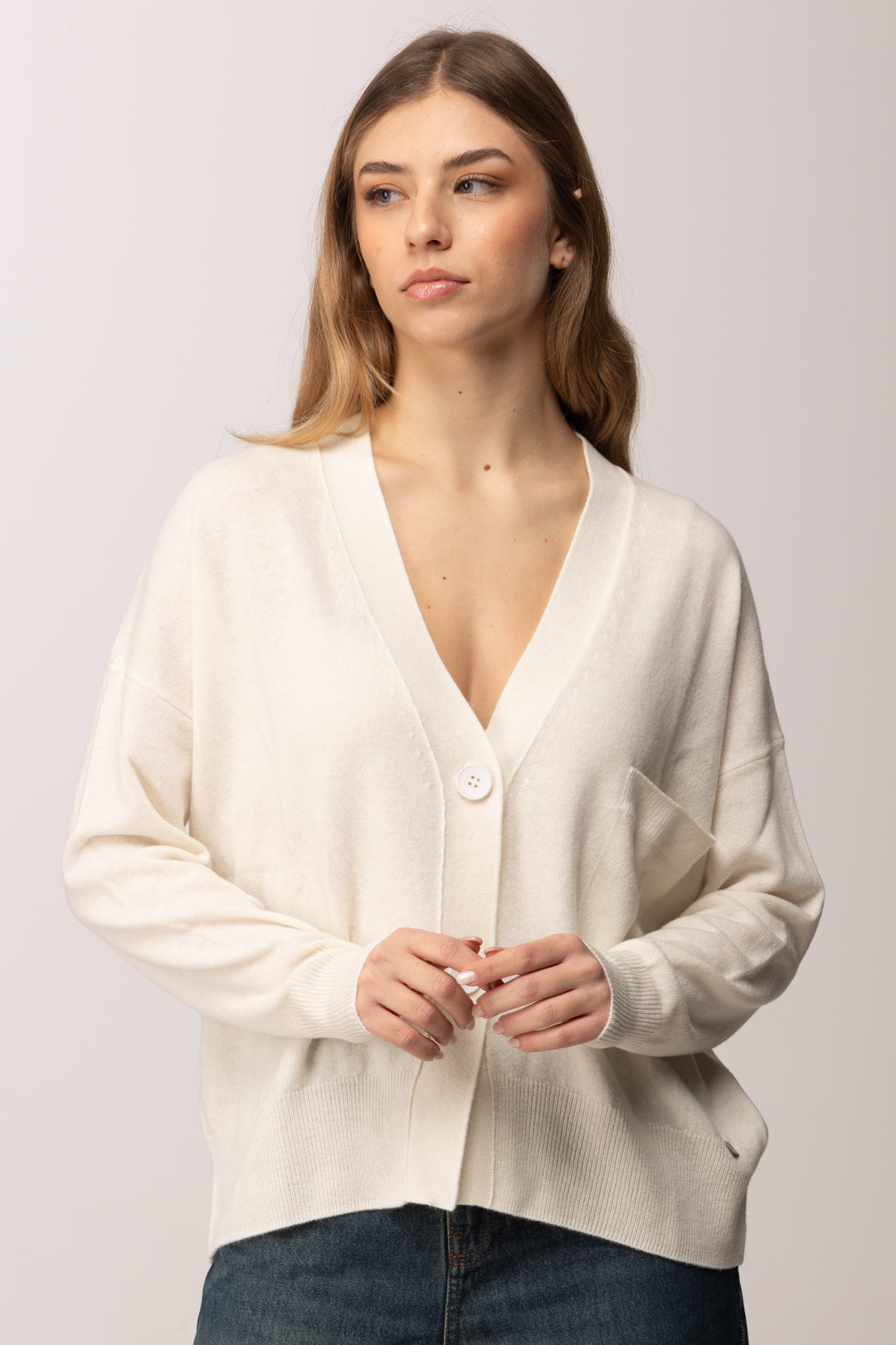 Meme Road Cardigan Morbido con Scollo a V e Tasca MRK631 PANNA