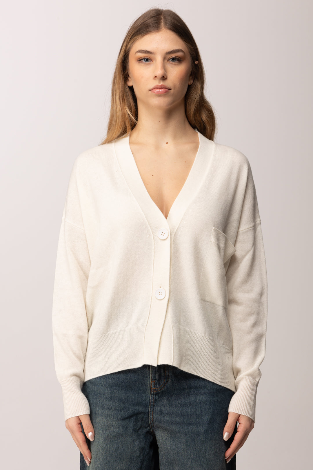 Meme Road Cardigan Morbido con Scollo a V e Tasca MRK631 PANNA