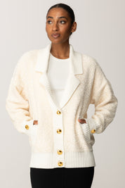 Elisabetta Franchi Cardigan Over Bouclé con Bottoni Gioiello MK44S57E2 MILK