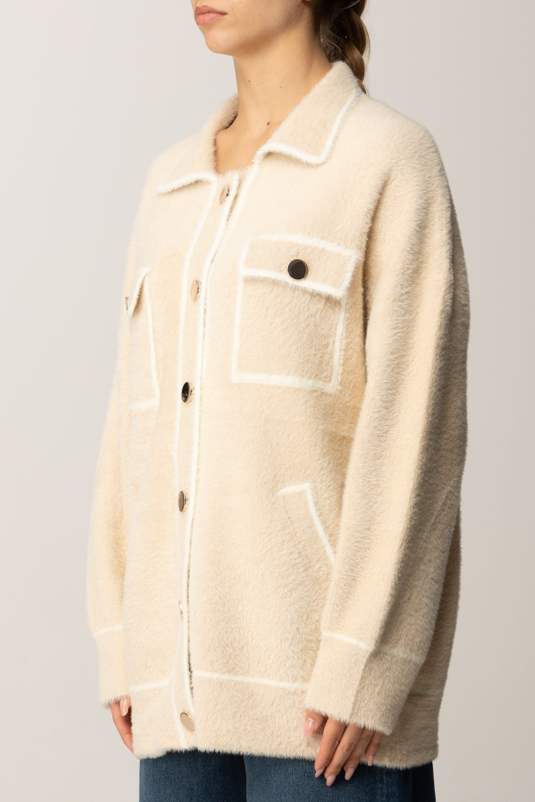 Replay Cardigan Over Fuzzy con Bottoni Oro DK3914.000.G23908 BEIGE EDGES WHITE