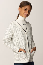 Elisabetta Franchi Bambina Cardigan Over Jacquard con Logo EFMA182CFL229 MILK/NERO