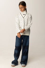 Elisabetta Franchi Bambina Cardigan Over Jacquard con Logo EFMA182CFL229 MILK/NERO