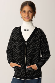 Elisabetta Franchi Bambina Cardigan Over Jacquard con Logo EFMA182CFL229 NERO/MILK