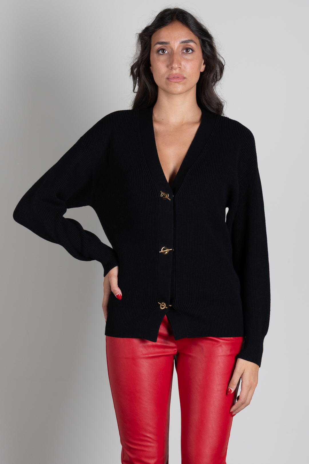 Elisabetta Franchi Cardigan Scollo a V con Bottoni Catenella MK01S66E2 NERO