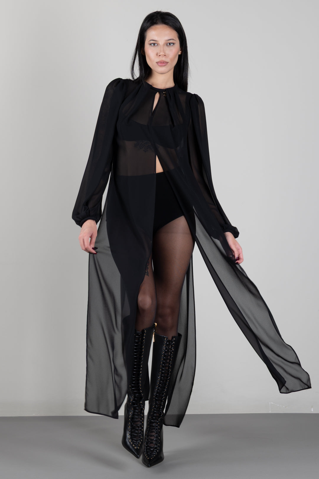 Elisabetta Franchi Casacca Lunga In Georgette con Drappeggi CA20867E2 NERO