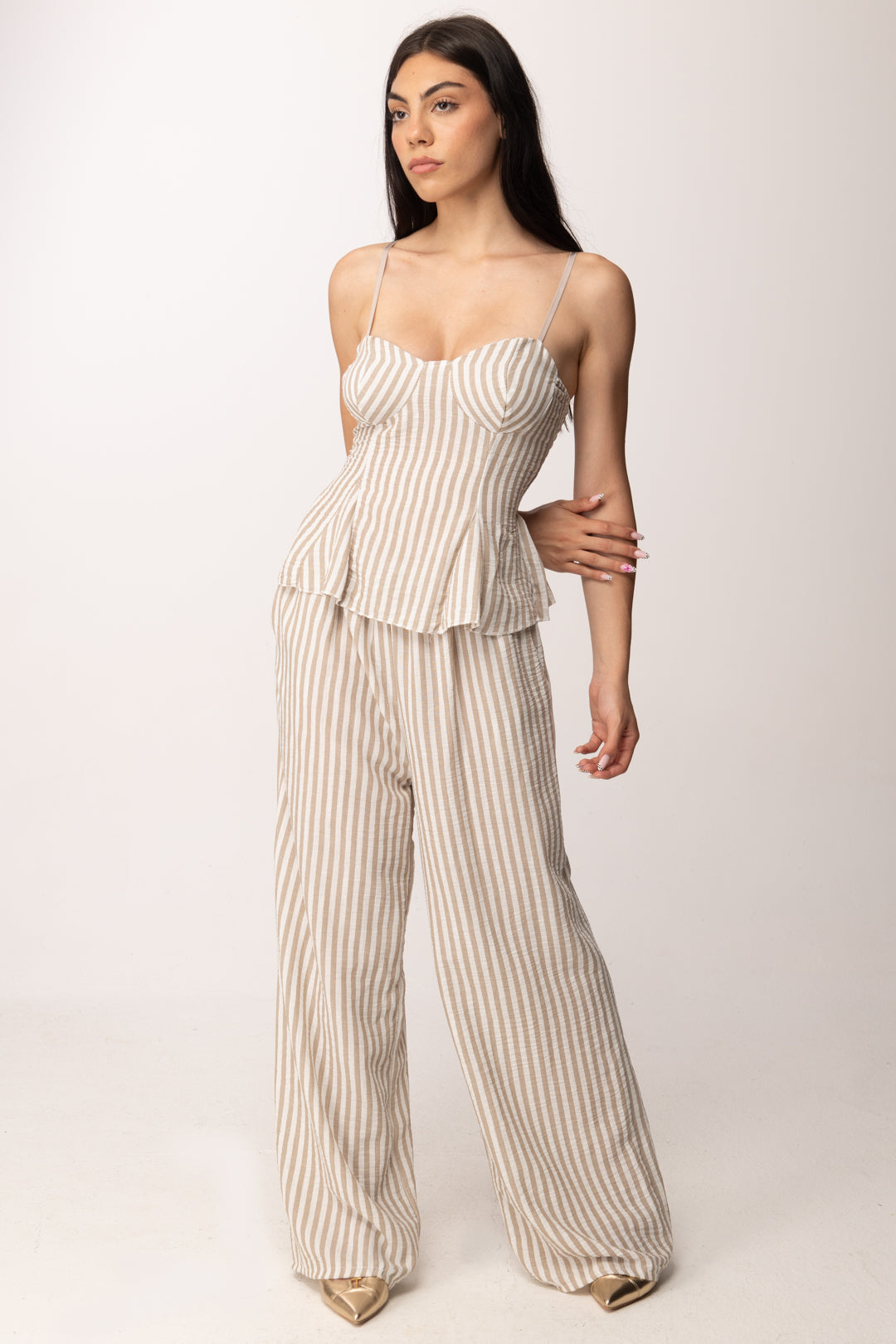 Khloe Femme Completo Gessato con Bustier e Pantalone Palazzo 54705-54706 BEIGE