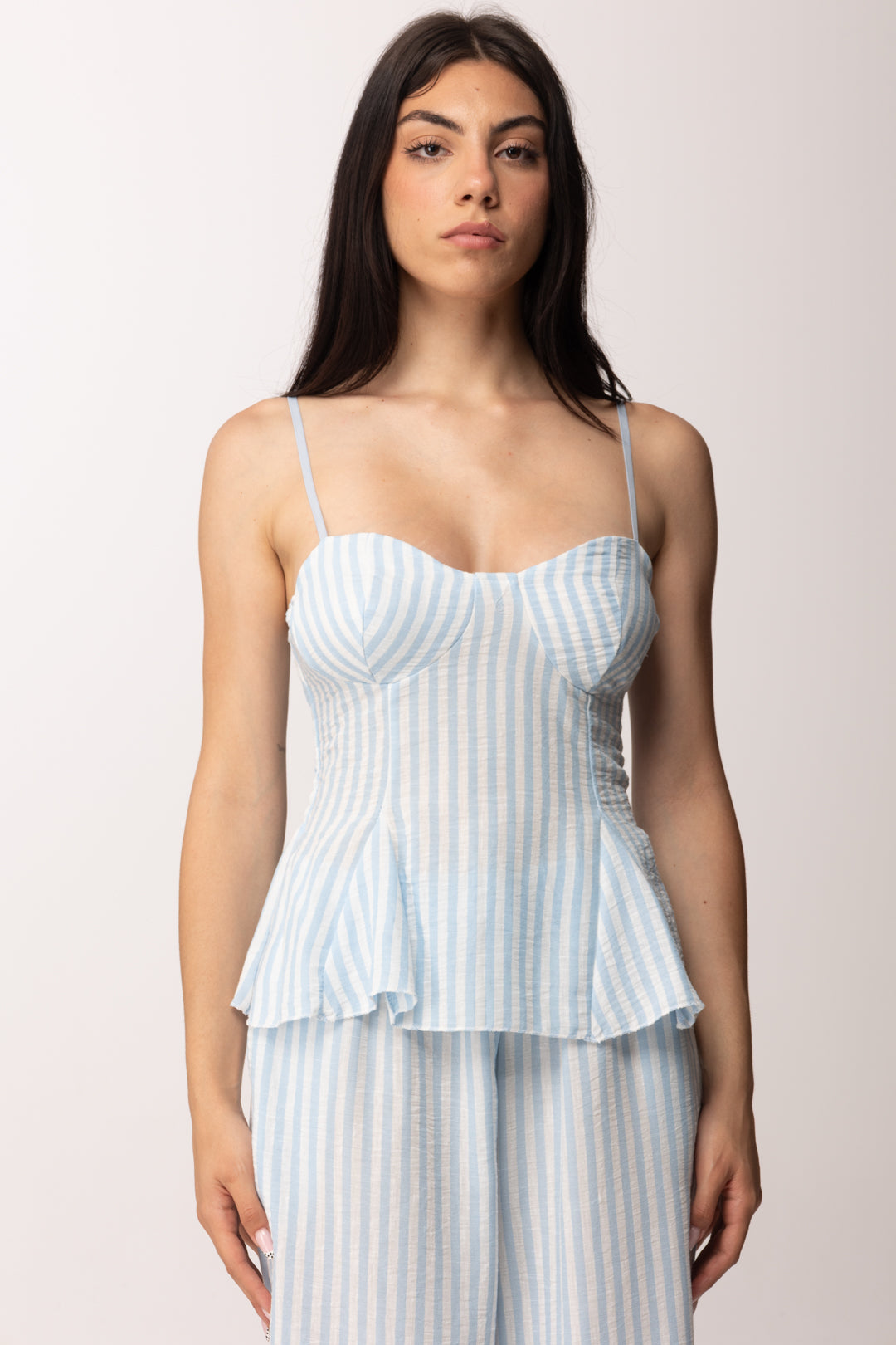 Khloe Femme Completo Gessato con Bustier e Pantalone Palazzo 54705-54706 CELESTE