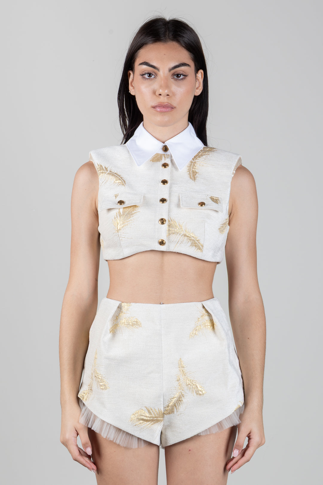 Elisabetta Franchi Completo Jacquard con Piume In Lurex con Bottoni Logo TS00167E2 BURRO