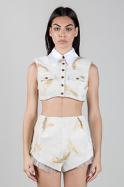 Elisabetta Franchi Completo Jacquard con Piume In Lurex con Bottoni Logo TS00167E2 BURRO