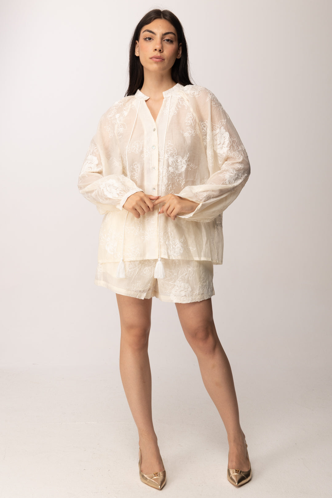 Khloe Femme Completo Ricamato con Camicia e Shorts 6193 BEIGE