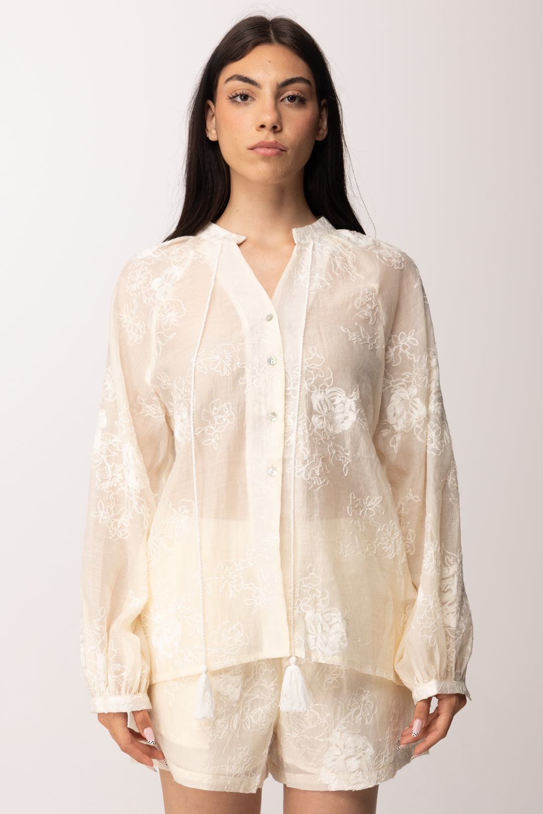 Khloe Femme Completo Ricamato con Camicia e Shorts 6193 BEIGE