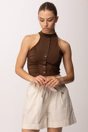 Khloe Femme Crop Top con Bottoncini P3266 CACAO