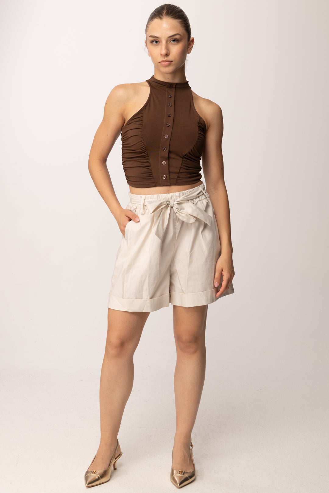 Khloe Femme Crop Top con Bottoncini P3266 CACAO