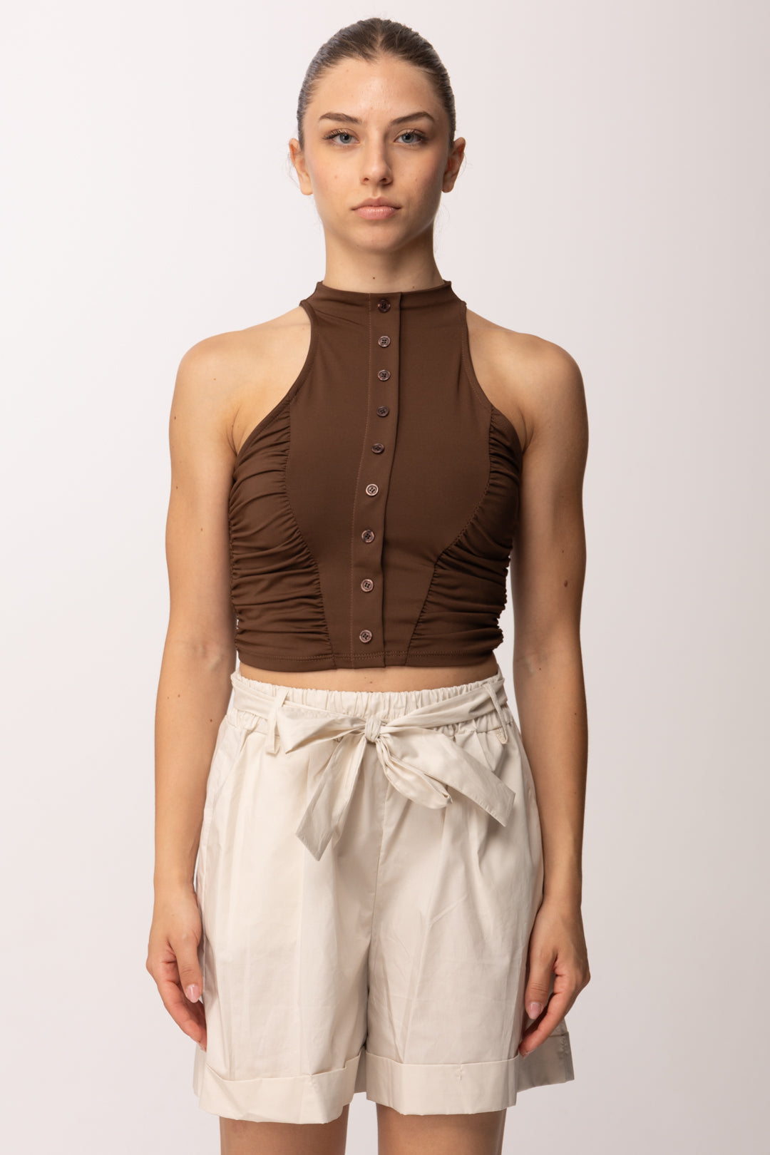Khloe Femme Crop Top con Bottoncini P3266 CACAO