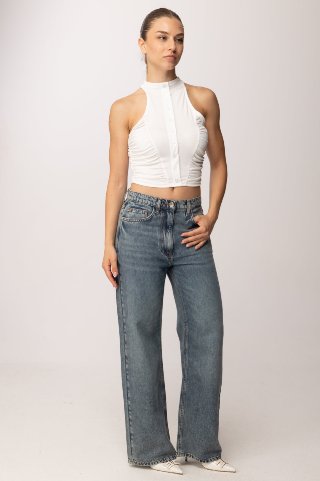Khloe Femme Crop Top con Bottoncini P3266 PANNA