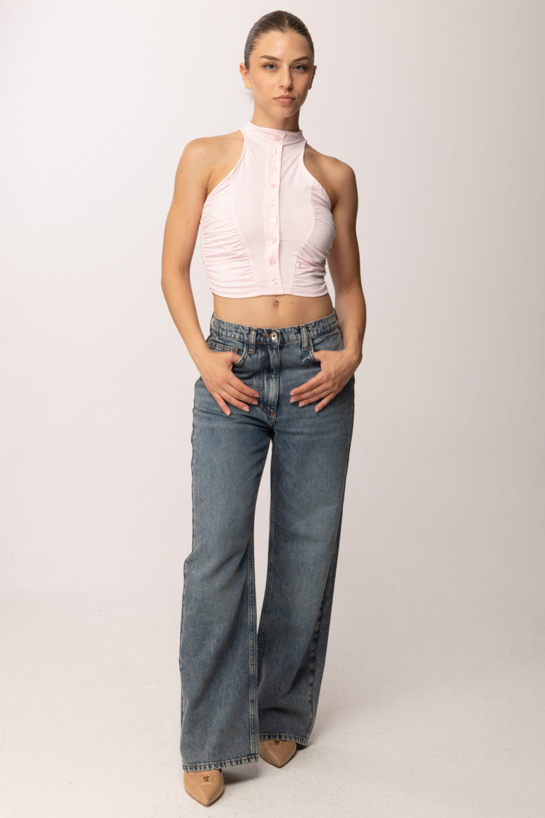 Khloe Femme Crop Top con Bottoncini P3266 ROSA